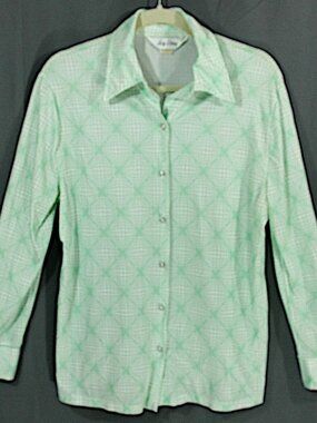 Vintage Lady Devon Geometric Illusion Blouse Button Down Shirt Green M 1970s